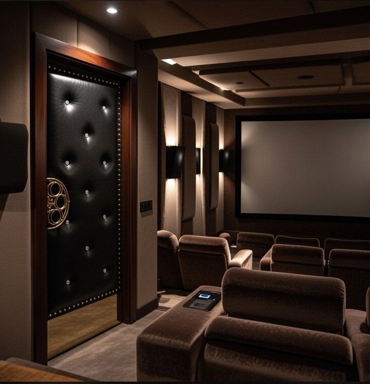 Interior installation view of the Todd Gorman custom home theater door by Crown Custom Doors set in a rich wooden frame. The black tufted leather acoustic door features crystal diamond buttons, decorative perimeter nailhead pins, a brass film reel pull handle, and a polished brass kick plate, leading into a luxury private cinema room with plush seating and a large projection screen.