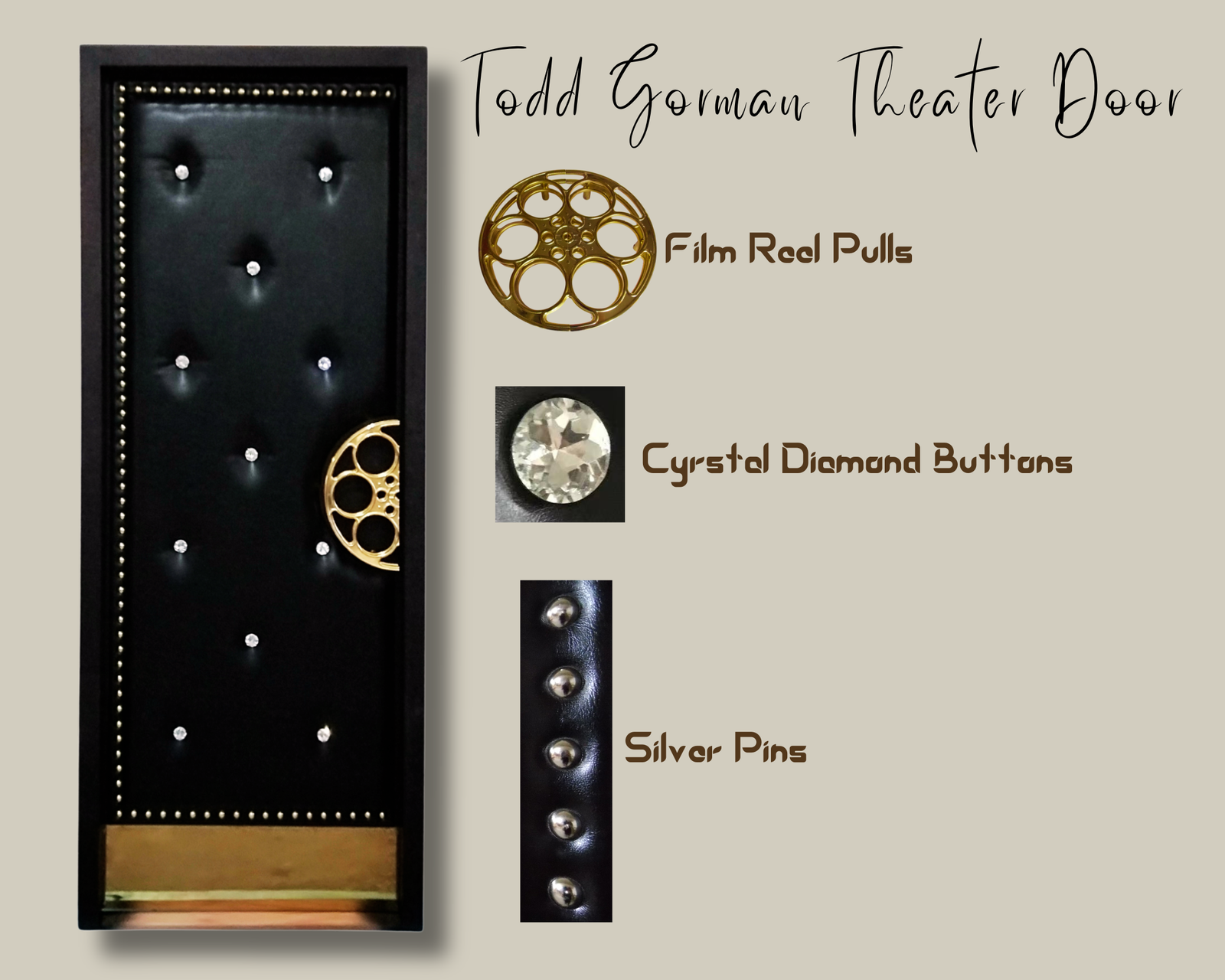 Product showcase graphic for the Todd Gorman Theater Door by Crown Custom Doors. Features a single black tufted leather acoustic theater door detailed with golden film reel door pulls, crystal diamond buttons, and perimeter silver pins over a brass kick plate.