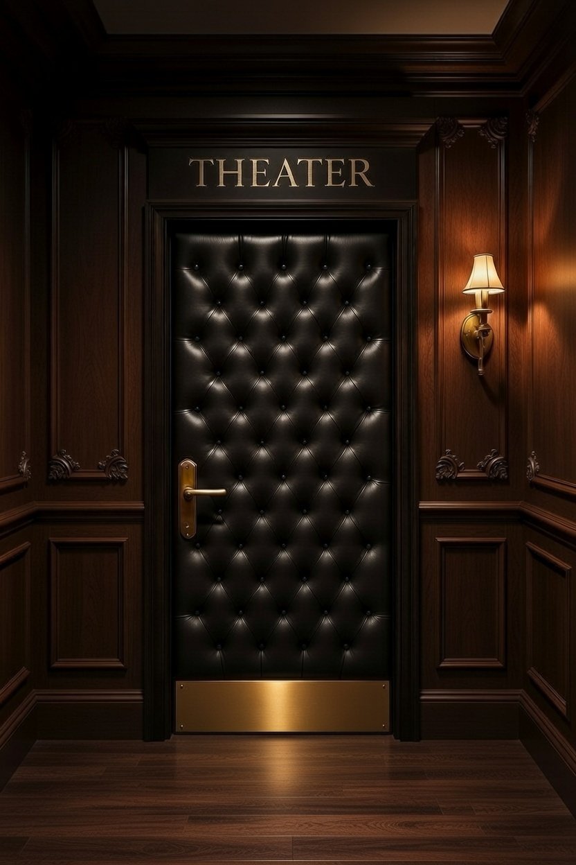 Traditional Craftsman style home theater entrance featuring rich dark wood wall paneling, carved wall sconces, a THEATER header sign, and a custom acoustic black leather diamond-tufted single door with a brass lever handle and brass kick plate.