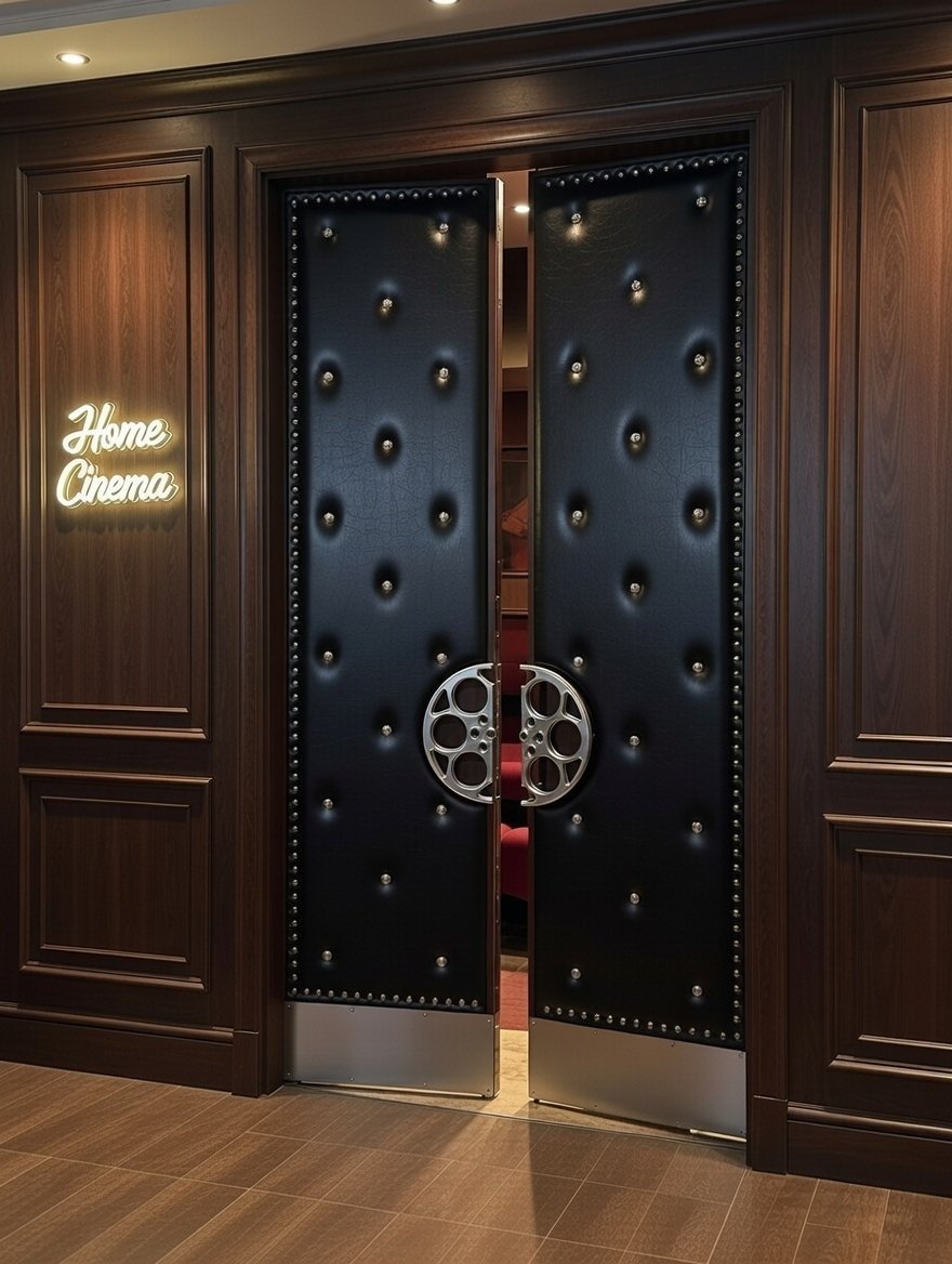 Traditional Craftsman style home cinema entryway featuring dark wood wall paneling with an illuminated Home Cinema sign and custom acoustic black leather tufted double doors with silver film reel handles and stainless steel kick plates.