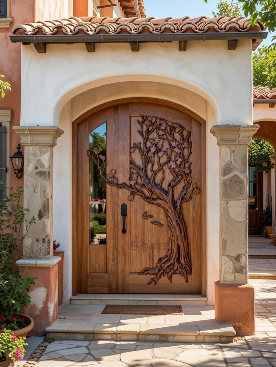 Installed arched solid wood entry door named Whisper of Autumn featuring a 3D hand-carved oak tree with spreading branches extending across an asymmetric glass panel, set within a Mediterranean stucco arch with stone pillars and Spanish clay tiles.