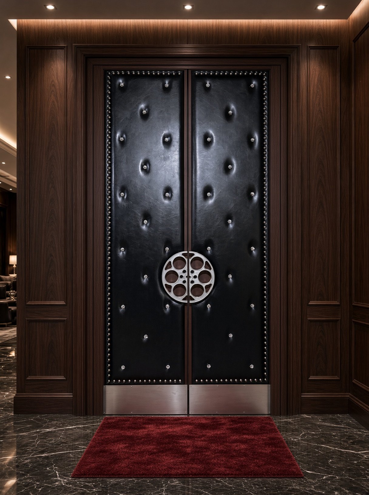 Full entrance view of custom black diamond-tufted vinyl acoustic home theater double doors set within rich dark wood wall paneling, featuring silver film reel handles, crystal buttons, silver perimeter studs, and stainless steel kick plates by CROWNCUSTOMDOORS.