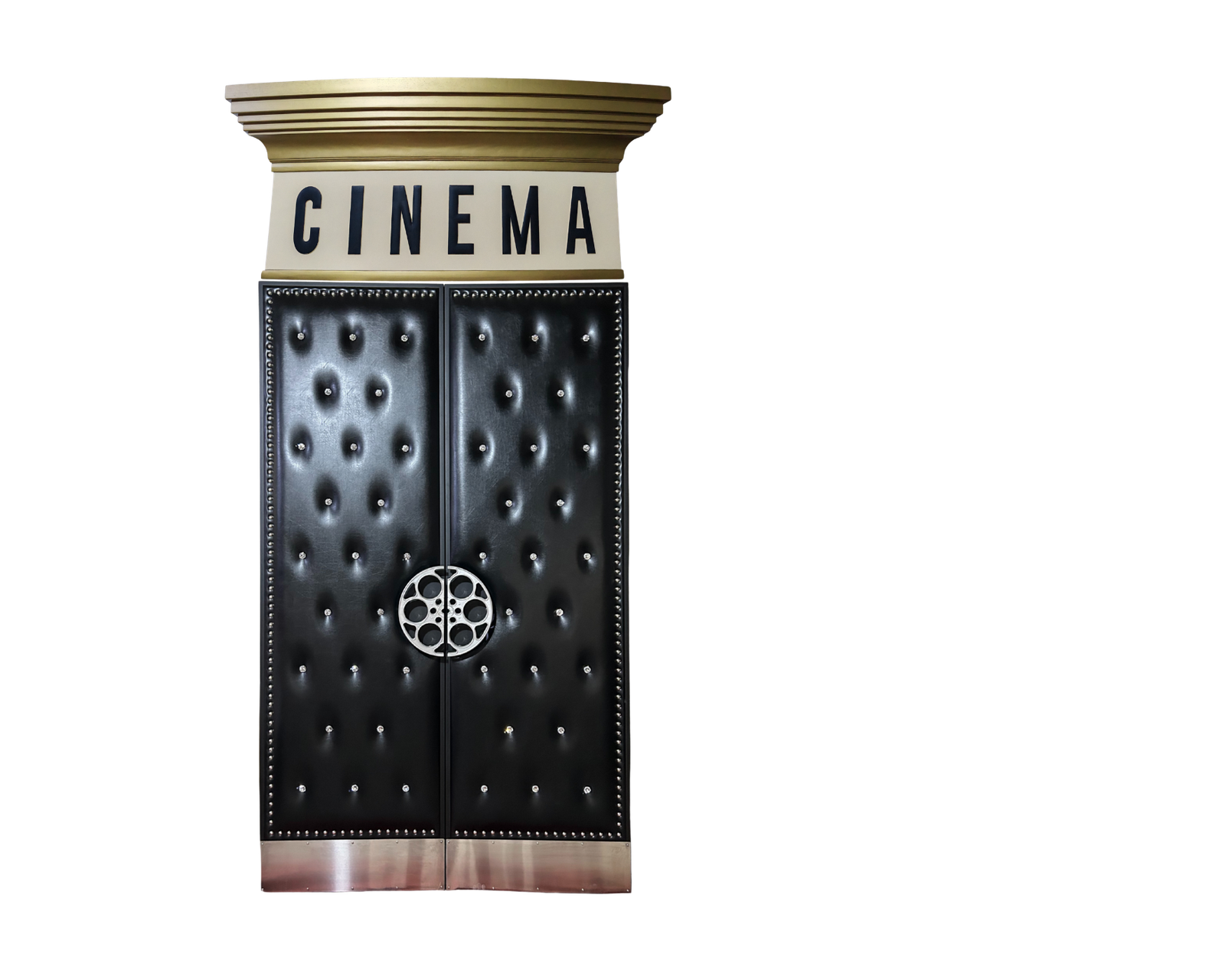 Custom acoustic home theater double doors finished in diamond-tufted black leather vinyl with silver film reel handles, crystal buttons, silver studs, kick plates, and a gold Cinema marquee header by CROWNCUSTOMDOORS.