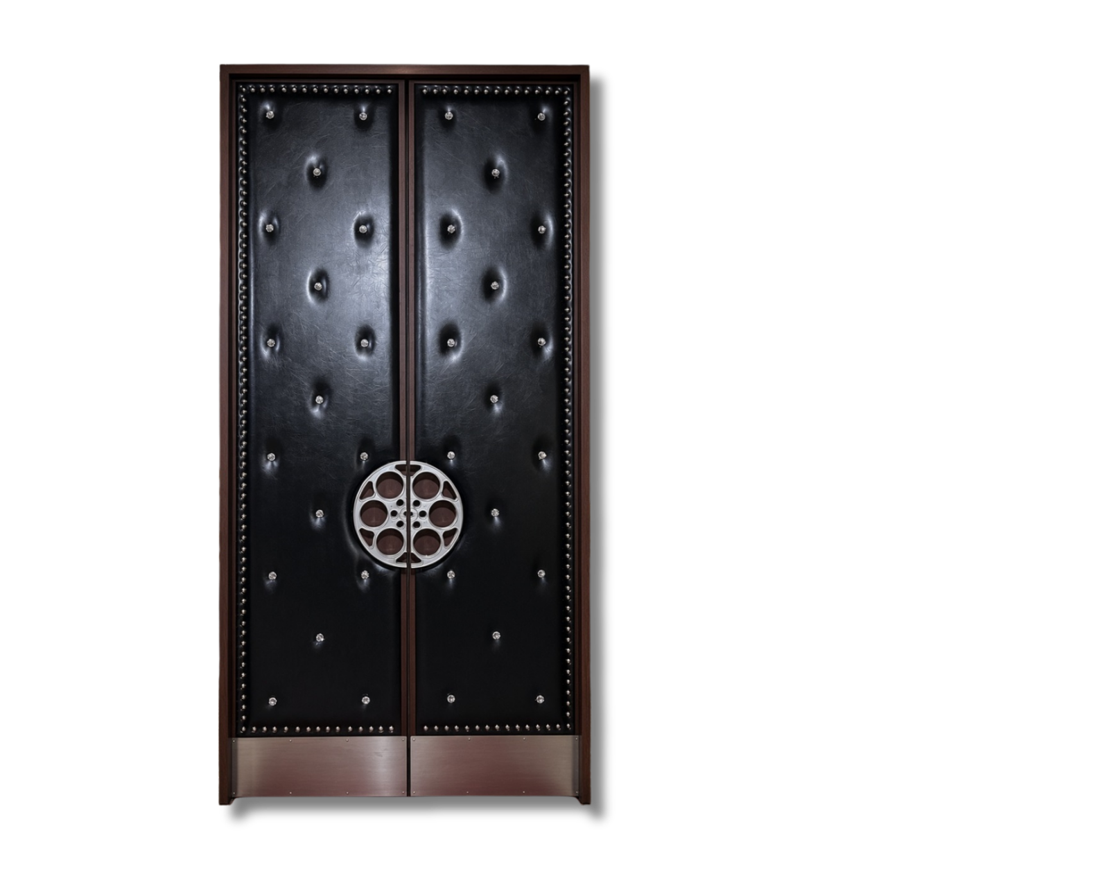 Custom acoustic home theater double doors upholstered in diamond-tufted black vinyl with crystal buttons, silver perimeter studs, metal kick plates, and split silver film reel handles by CROWNCUSTOMDOORS.