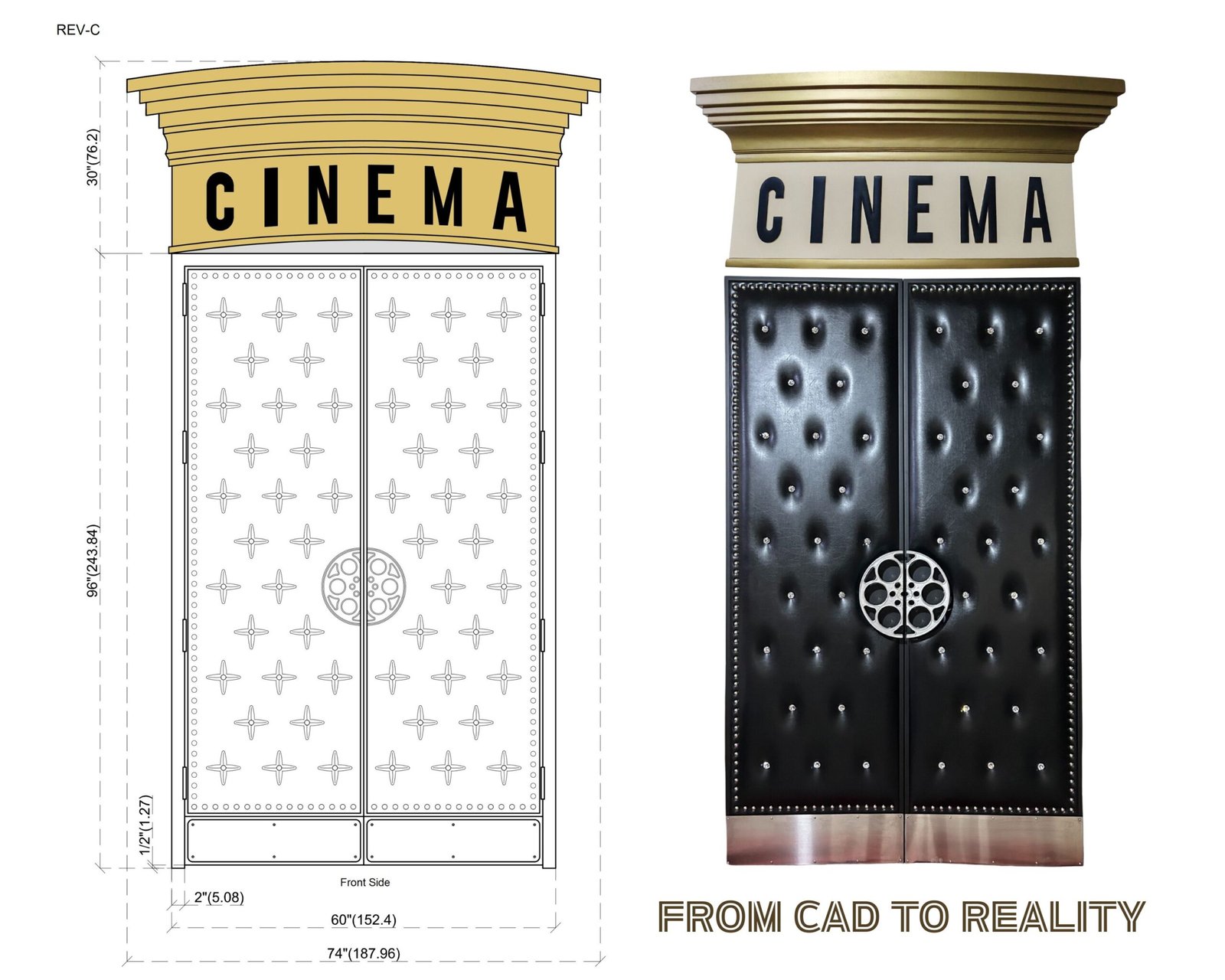 Side-by-side comparison of a 2D CAD architectural schematic and the finished custom black tufted vinyl acoustic home theater double doors with a gold Cinema header board, silver film reel handles, and metal kick plates by CROWNCUSTOMDOORS.