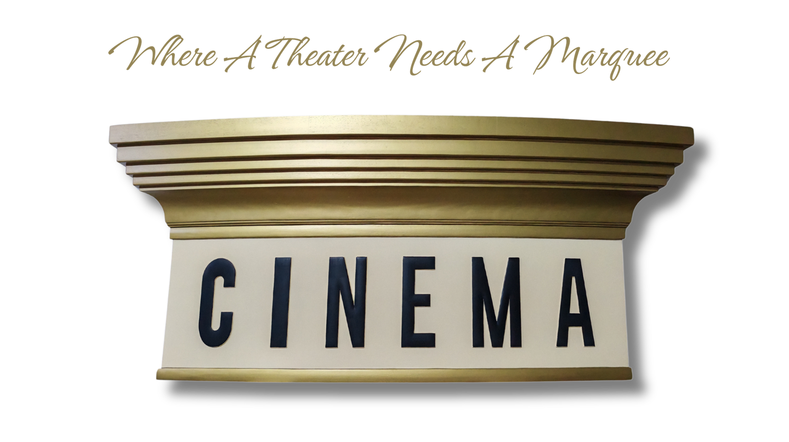 Custom gold crown molding marquee header sign with bold black CINEMA lettering for acoustic home theater double door entrance assemblies by CROWNCUSTOMDOORS.