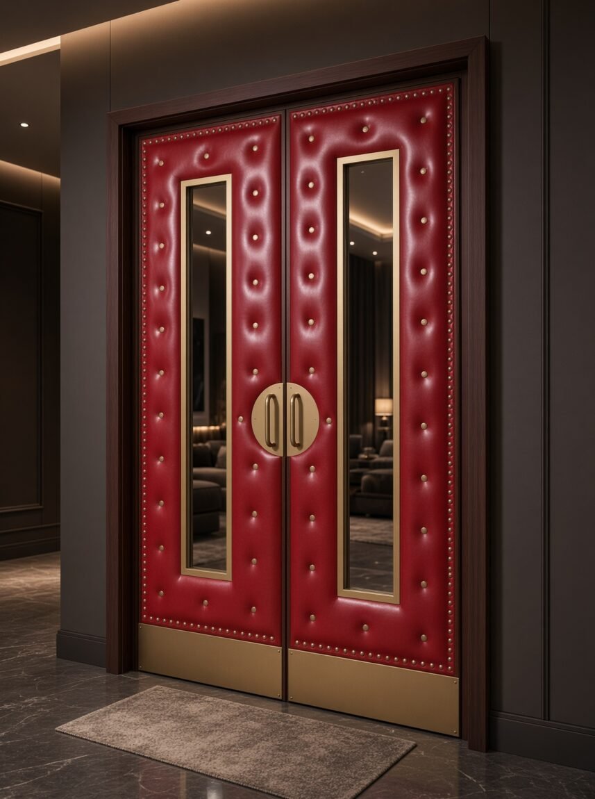 Angled view of custom red tufted vinyl acoustic home theater double doors featuring long rectangular vision glass windows with brass frames, brass studs, kick plates, and round brass handles set in a dark doorway by CROWNCUSTOMDOORS.