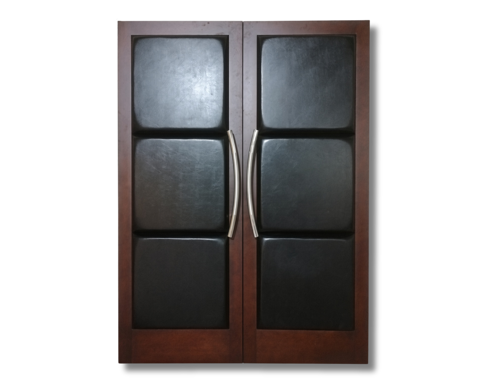 Double acoustic home theater doors featuring black 3-panel upholstered leather padding mounted in a solid mahogany wood frame with brushed silver curved ladder handles set against a black background by CROWNCUSTOMDOORS.