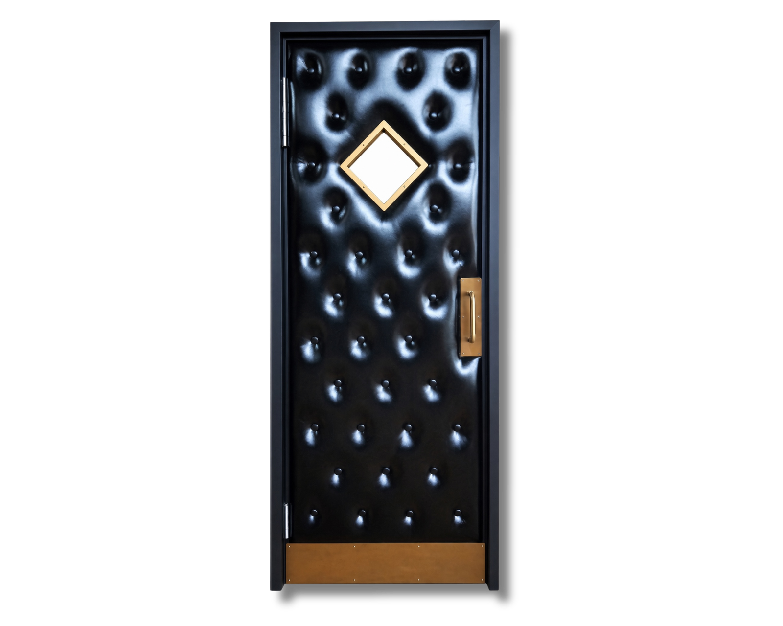 Single black diamond-tufted upholstered leather acoustic home theater door with a brass handle pull, gold kick plate, and a diamond vision window frame set against a black background by CROWNCUSTOMDOORS.
