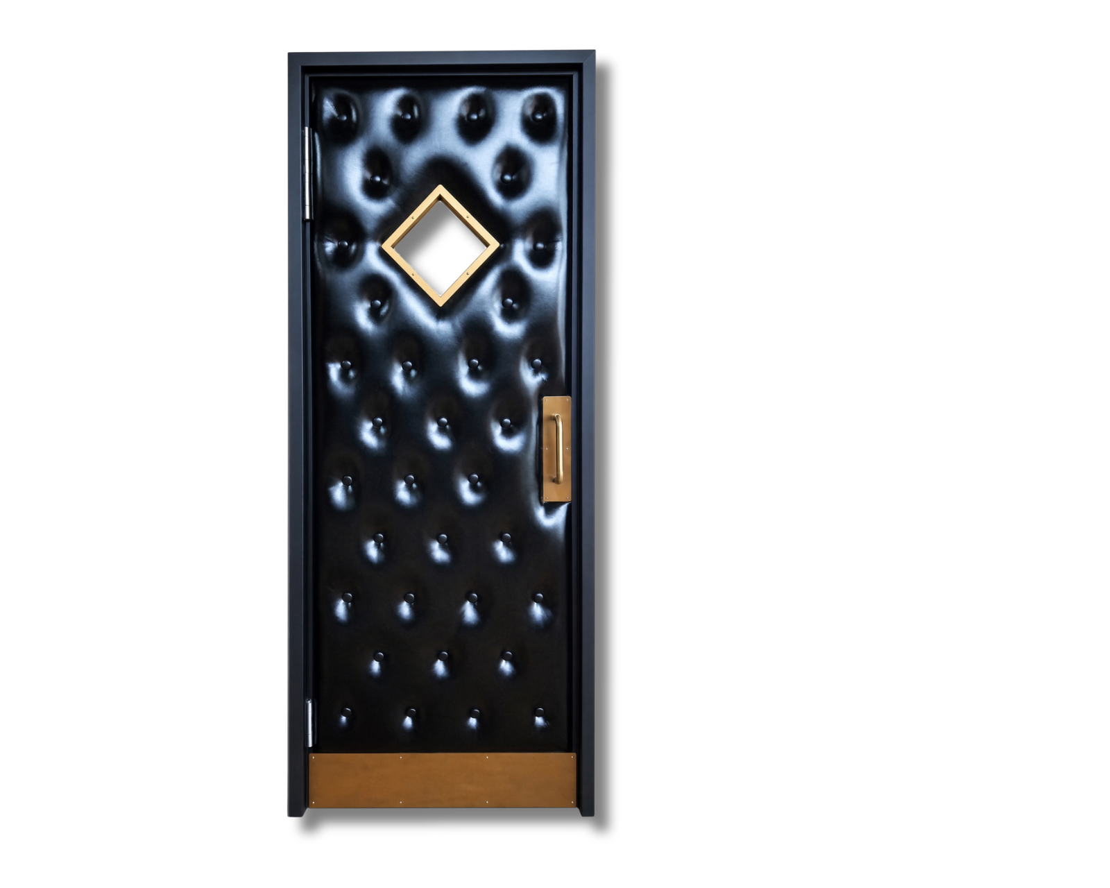 Single black diamond-tufted upholstered leather acoustic home theater door featuring a brass handle pull, gold kick plate, and a diamond vision window frame by CROWNCUSTOMDOORS.