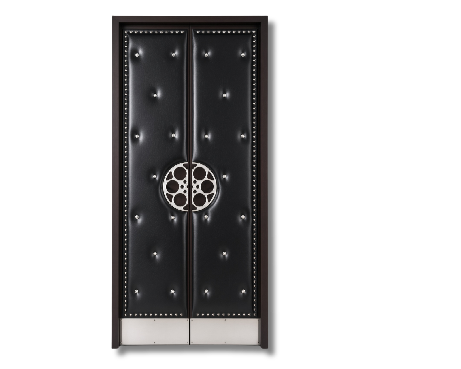 Double black diamond-tufted leather acoustic home theater doors featuring custom silver film reel handles, crystal button tufting, metal stud trim, and stainless steel kick plates by CROWNCUSTOMDOORS.