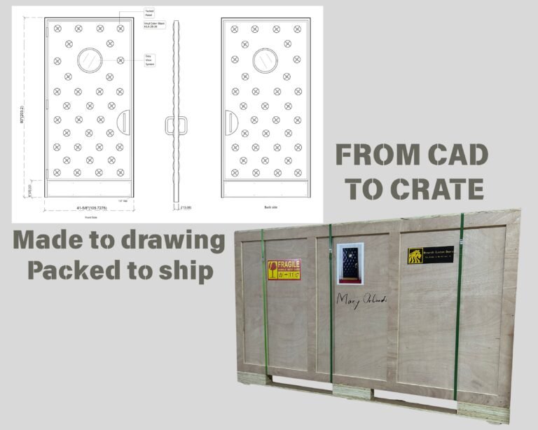 CAD architectural blueprint schematic next to a reinforced wooden export shipping crate labeled with client name Mary Orlandi for a custom acoustic home theater door.