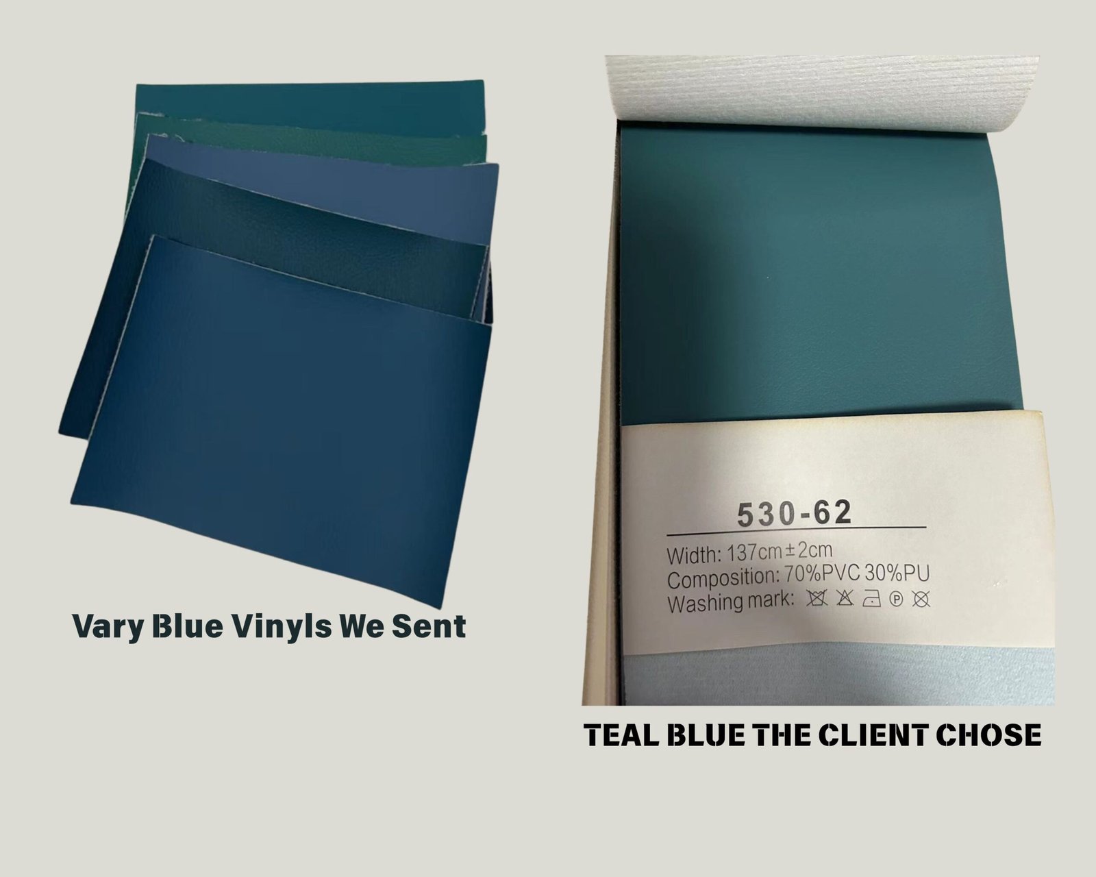 Swatches of custom blue vinyl upholstery materials for soundproof acoustic theater doors, highlighting the selected teal blue 70% PVC 30% PU fabric sample.