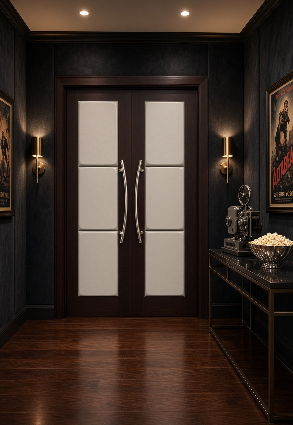 Custom acoustic home theater double doors made of dark stained solid wood with 3-panel ivory white padded leather upholstery and brushed metal pull handles, installed in a cinema entryway with warm wall sconces and vintage movie decor.