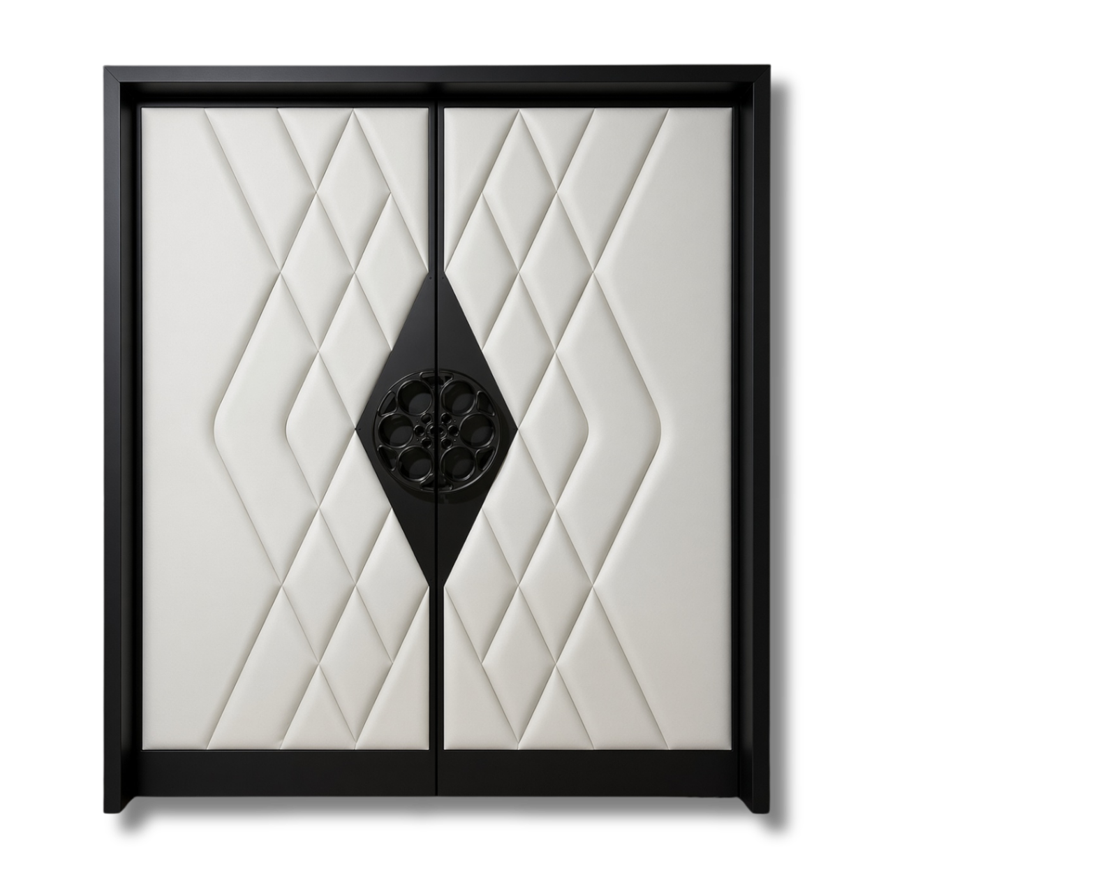 Front view of custom acoustic home theater double doors featuring white diamond-tufted padded vinyl, black frame, diamond push plates, and a centered matte black film-reel door handle.