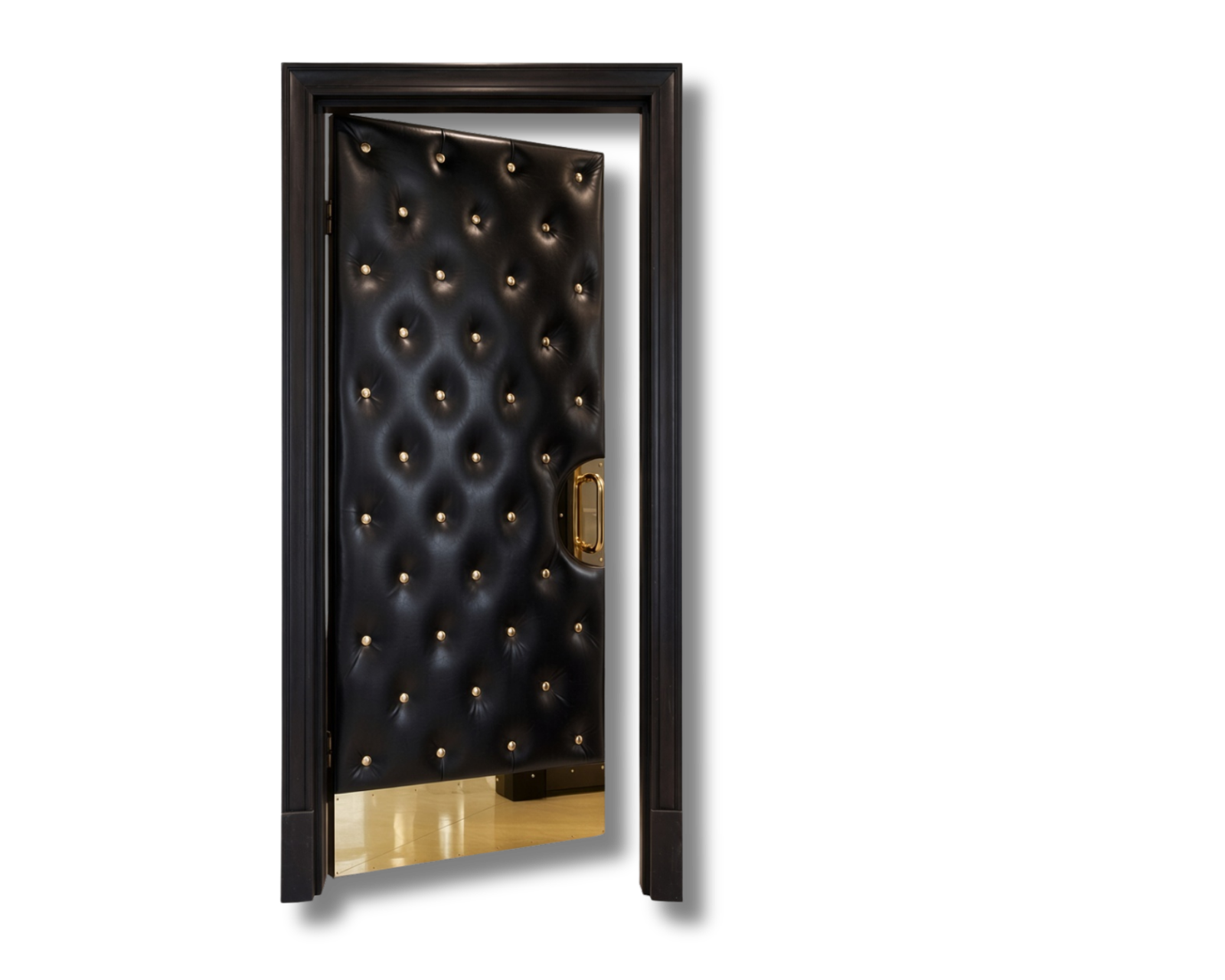 A custom open acoustic home theater door featuring deep diamond-tufted black leather upholstery, gold button accents, matching brass trim plate, and a dark wooden jamb crafted by CROWNCUSTOMDOORS.
