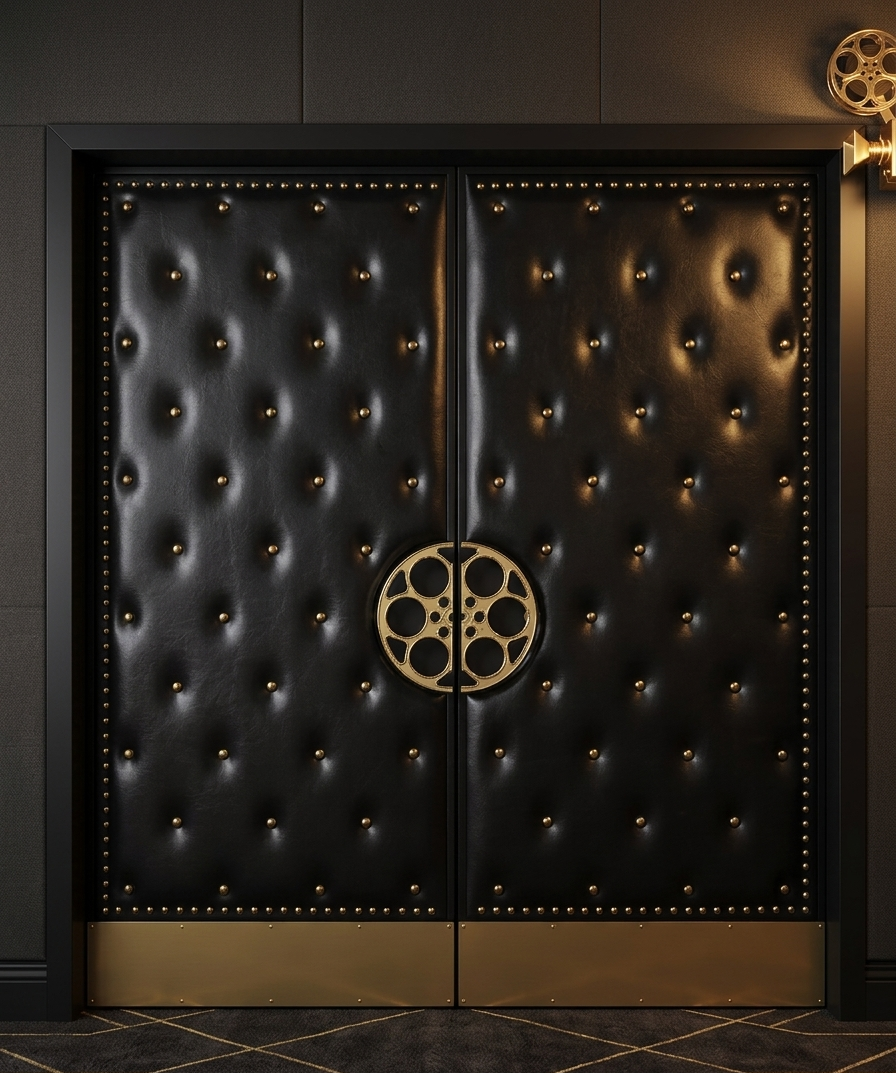 Luxurious black diamond-tufted leather home theater double doors featuring brass gold film reel pull handles, metallic accent studs, and brass kickplates set against a dark wall frame.