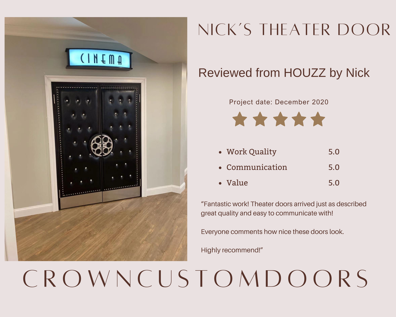 Houzz 5-star customer review showcase graphic for Crown Custom Doors showing an installed set of black button-tufted acoustic home theater double doors with silver film reel handles and illuminated cinema sign.