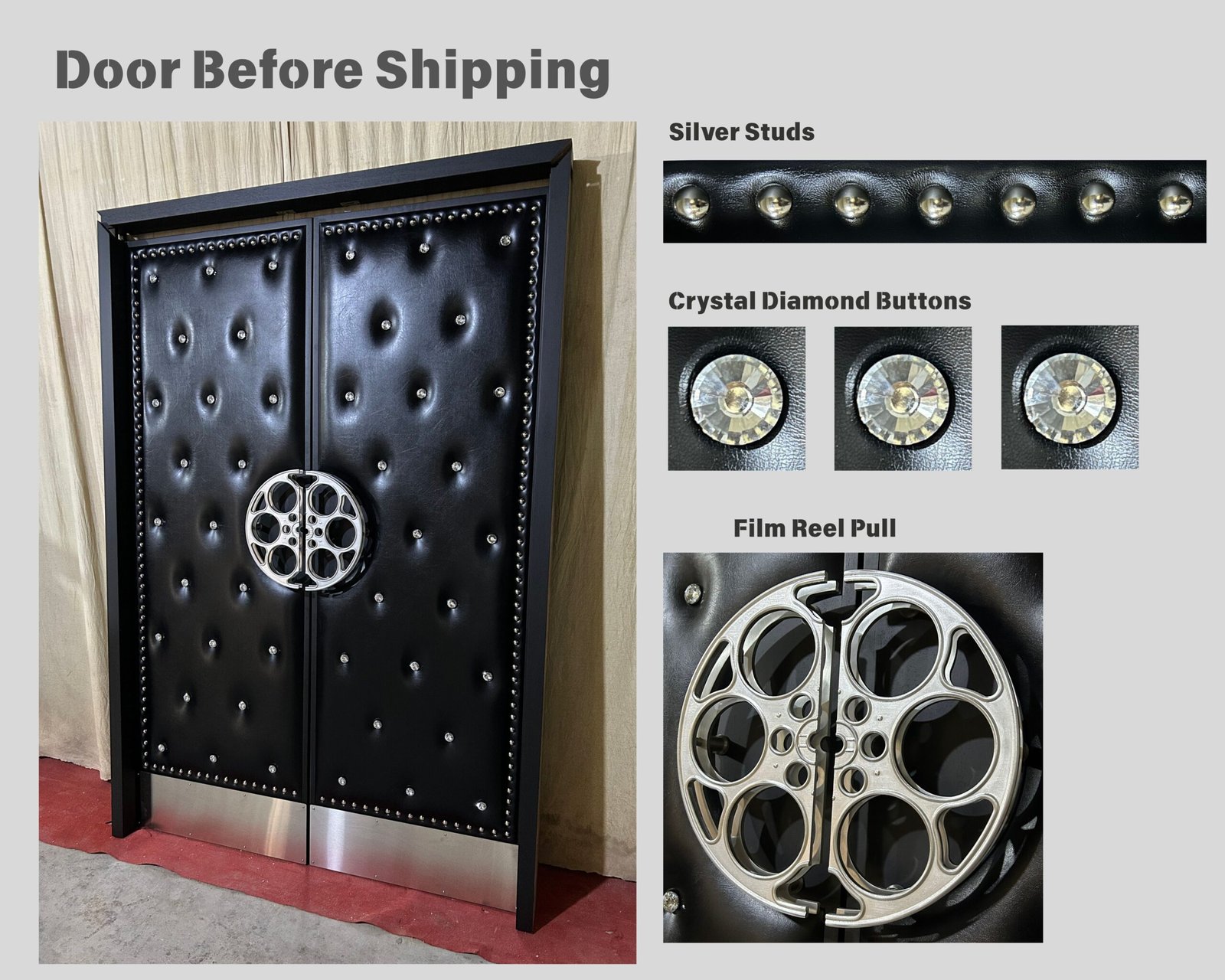 Custom black vinyl upholstered acoustic home theater double doors featuring crystal diamond tufted buttons, silver accent studs, stainless steel film reel handles, and bottom metal kickplates by Crown Custom Doors.