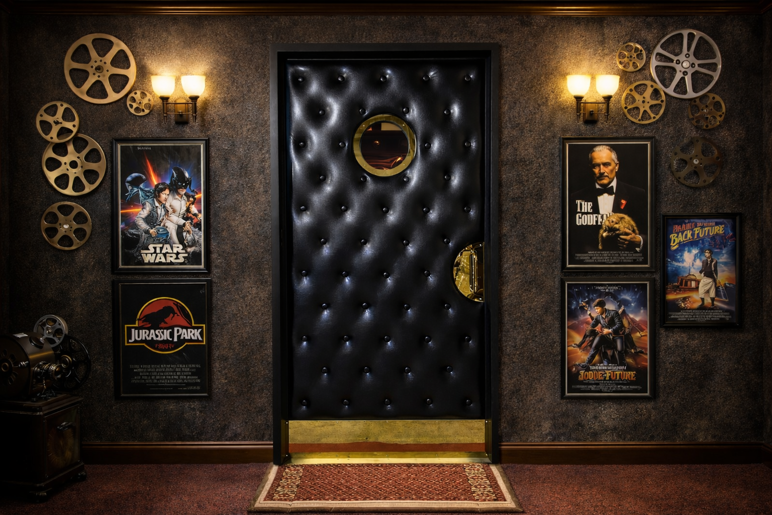 Custom soundproof black tufted vinyl home theater door featuring a brass porthole window and brass kickplate, flanked by vintage movie posters and decorative film reels in a private cinema room.
