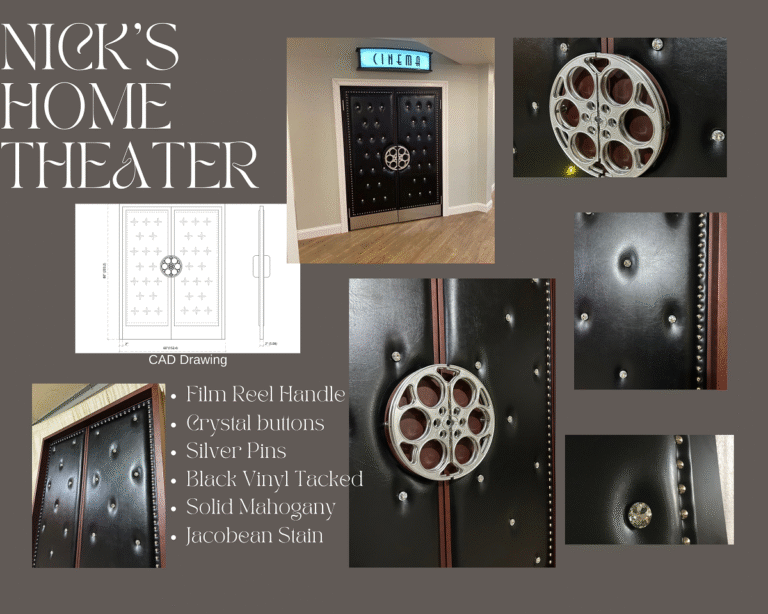 Product design collage for Nick's Home Theater double doors showing CAD technical blueprint, installed doors with illuminated cinema sign, crystal buttons, silver film reel handle, and Jacobean stained mahogany frame details.