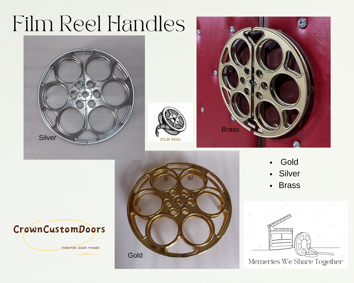 Product display of custom-cast movie film reel door handles for home theater doors shown in gold, silver, and polished brass metallic finishes.