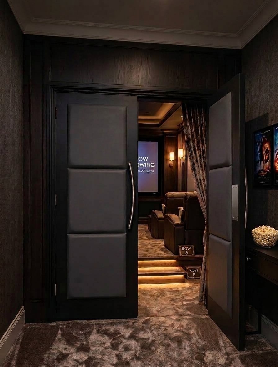 Entrance to a luxury home theater, featuring a custom dark wood double door with sound-dampening grey padded panels and curved silver handles.