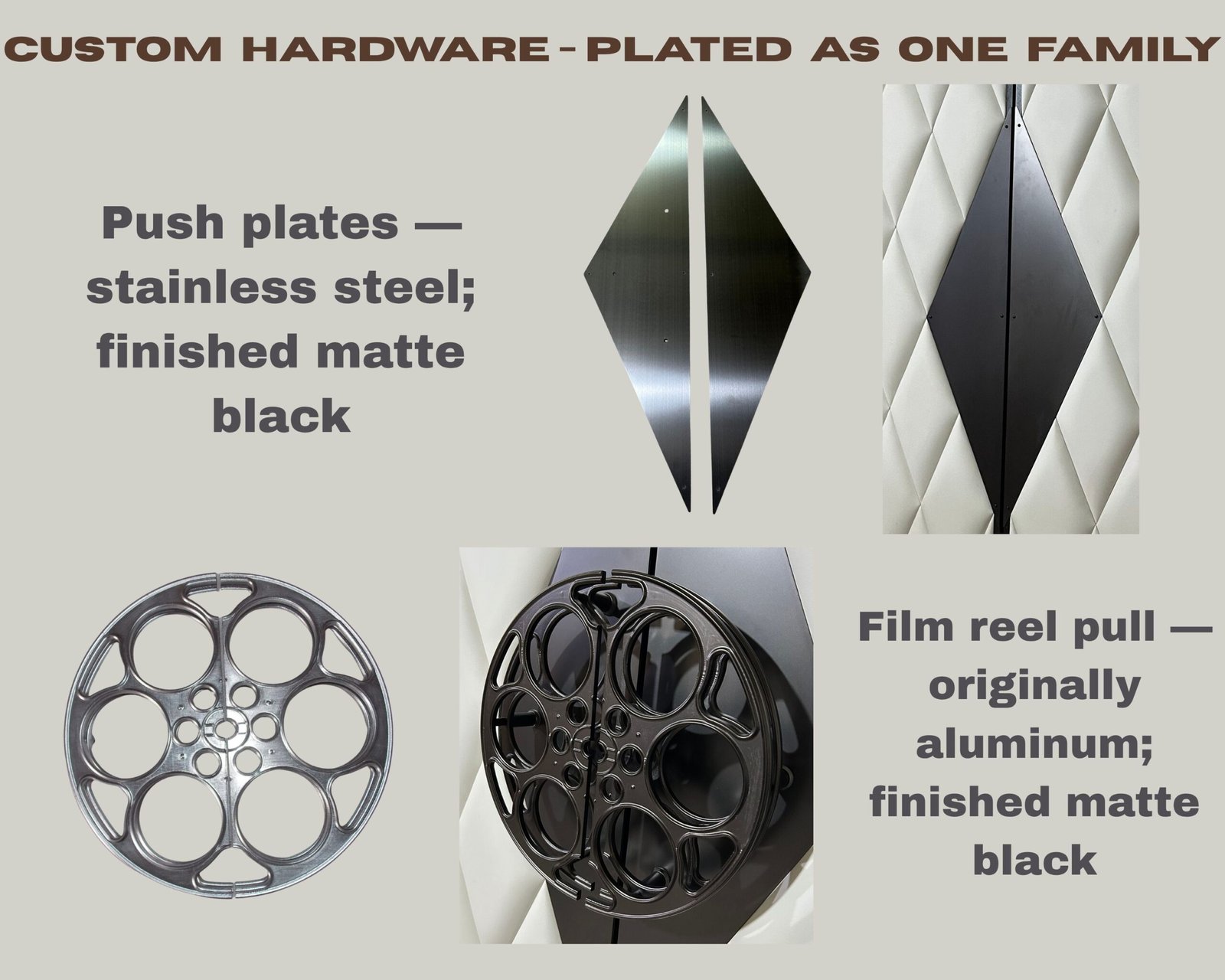 Custom home theater door hardware set showing stainless steel diamond-shaped push plates and an aluminum movie film reel door pull handle, both finished in matching matte black plating on a white upholstered door.