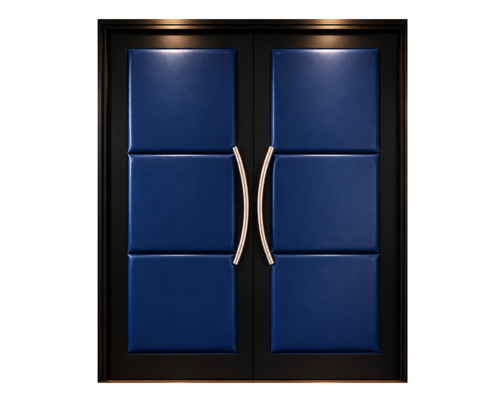 Custom hand-crafted navy blue upholstered acoustic double home theater doors with champagne gold curved handles by Crown Custom Doors.