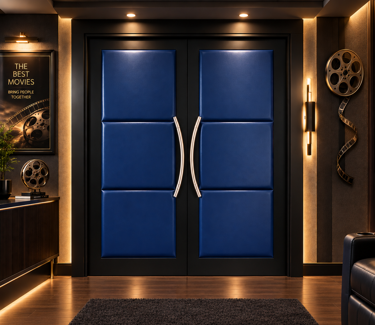 Custom soundproof double home theater doors with navy blue upholstered padded panels, matte black frames, and elegant champagne gold curved ladder handles set in a luxury private cinema interior.