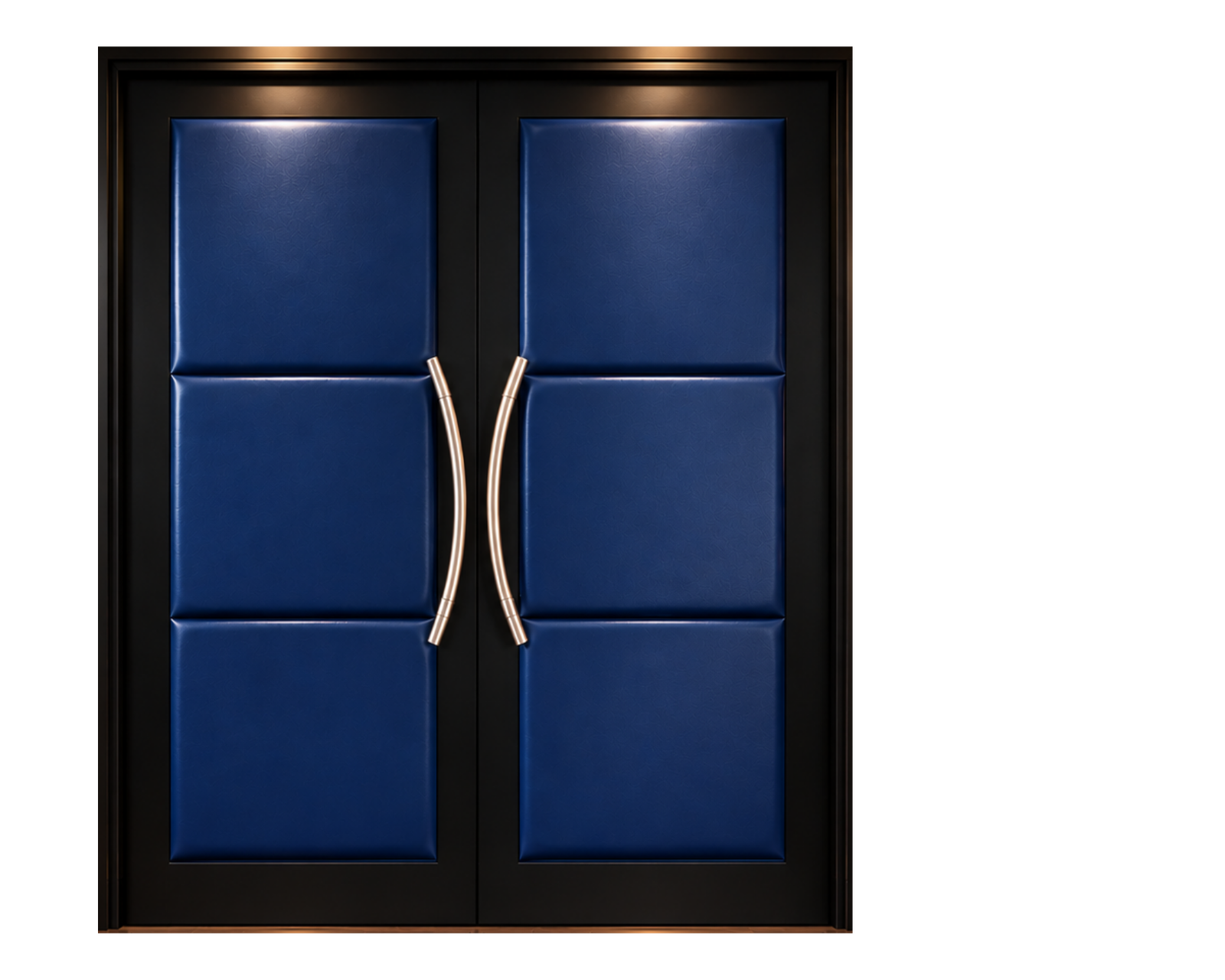 Front studio shot of custom acoustic home theater double doors featuring three padded rectangular panels upholstered in navy blue vinyl, dark solid frame, and champagne gold curved ladder handles by Crown Custom Doors.