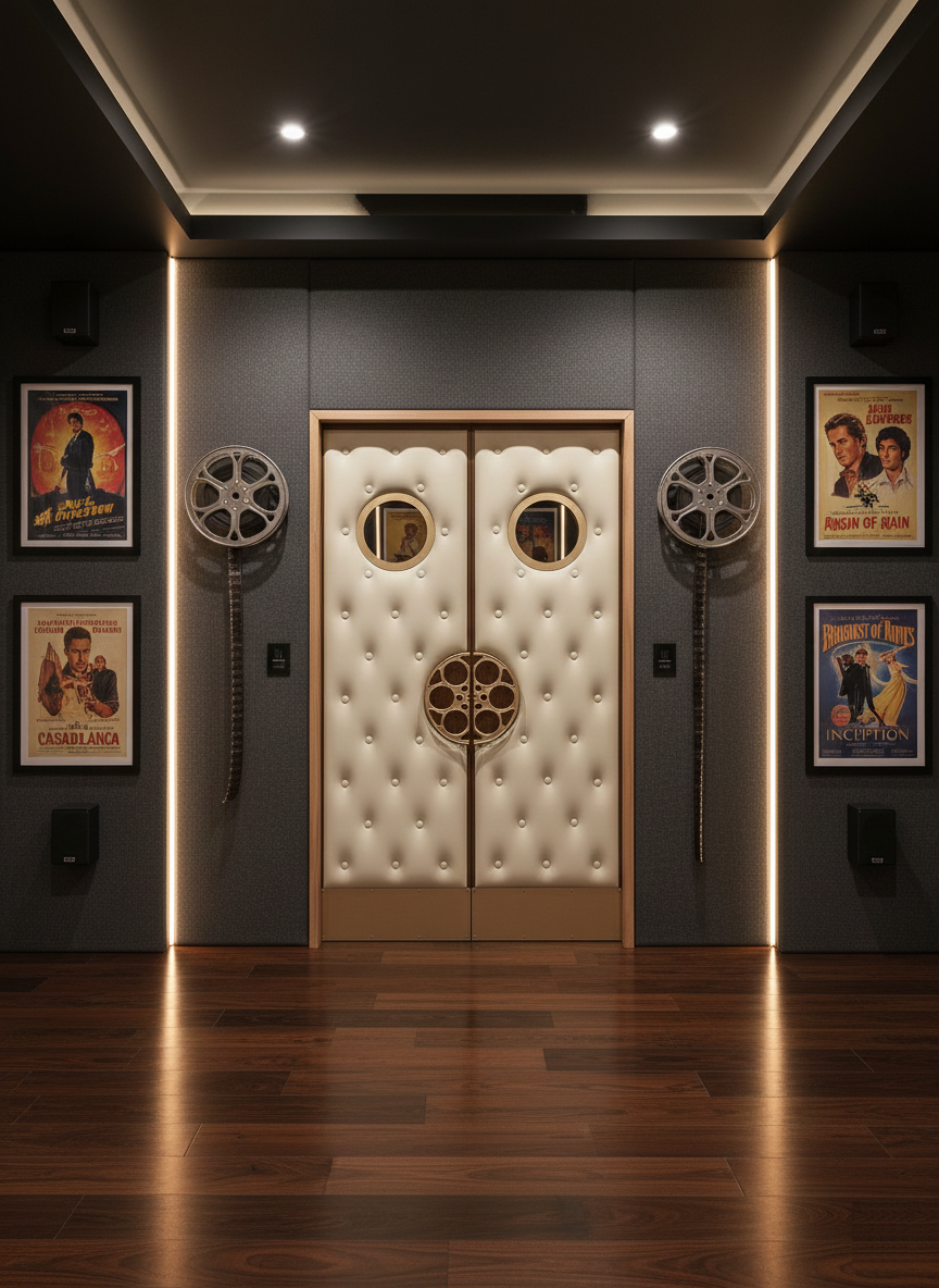 Luxury home theater entrance featuring custom off-white diamond-tufted acoustic double doors with brass porthole vision glass, custom film reel handles, brass kick plates, and framed movie posters by Crown Custom Doors.
