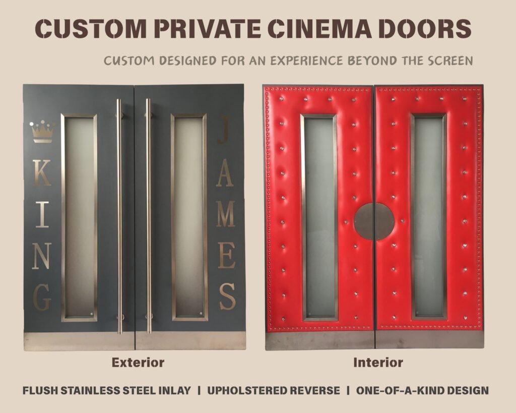 Product showcase poster displaying exterior charcoal gray painted finish and interior red crystal-tufted vinyl padded finish for custom soundproof private cinema double doors by Crown Custom Doors.