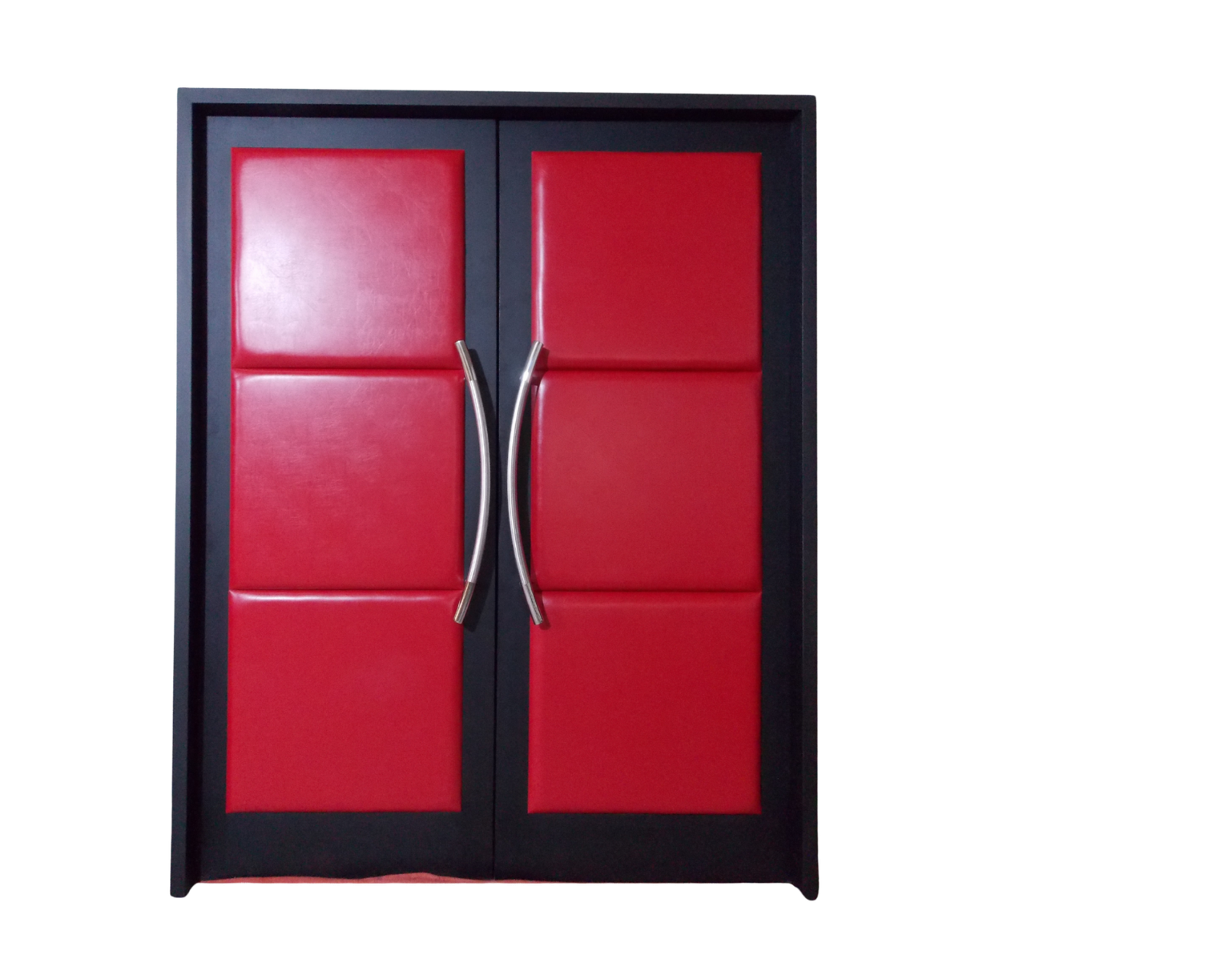 Custom soundproof double entrance doors for a home theater featuring crimson red upholstered leather panels, a dark wood frame, and matching brushed stainless steel curved ladder handles.