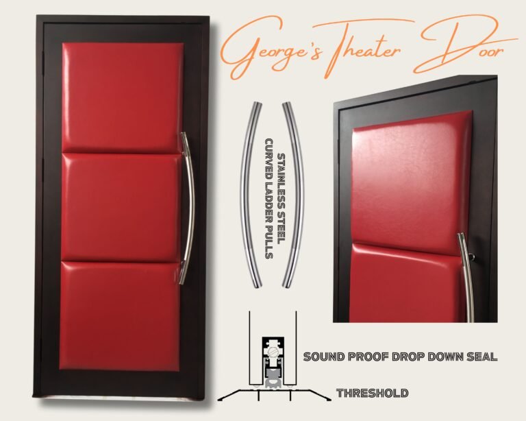 Technical design rendering of a custom soundproof home theater door showing red leather upholstery, stainless steel curved ladder pulls, and an automatic drop-down bottom door seal with threshold diagram.