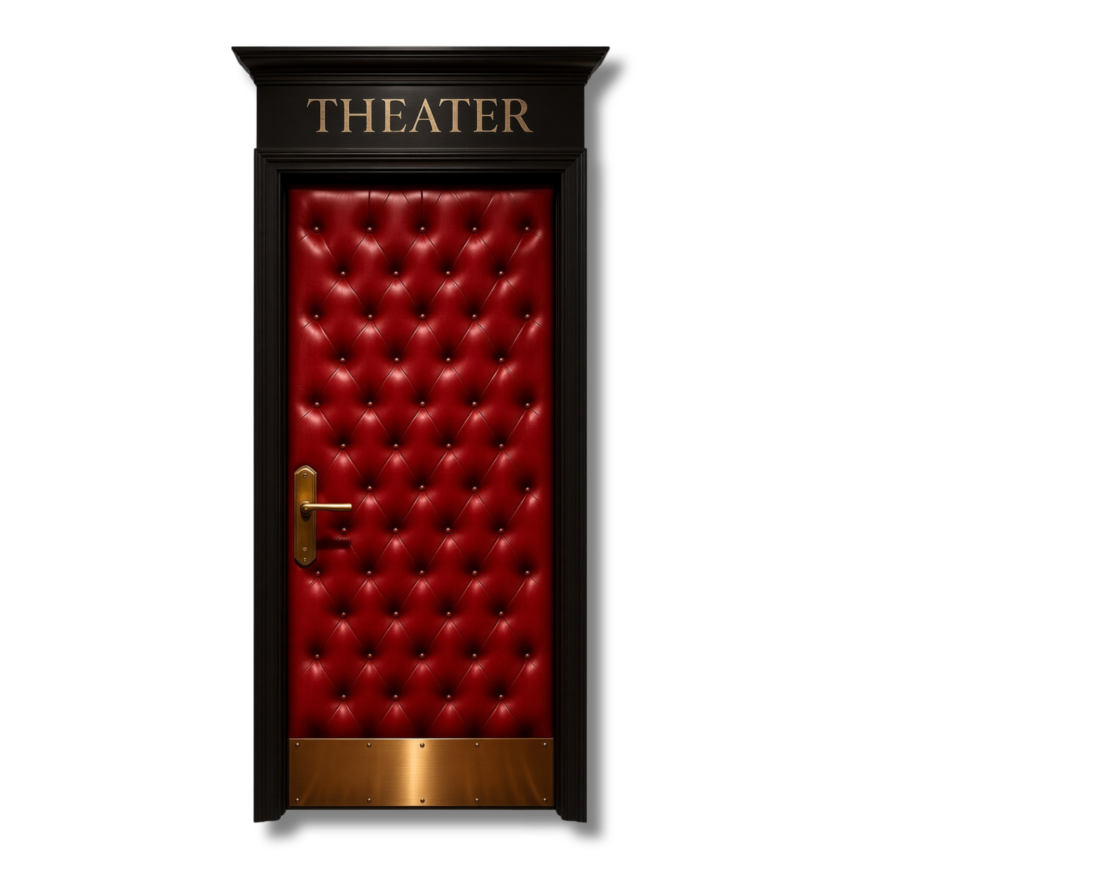 Custom acoustic home theater door featuring diamond-tufted red leather vinyl upholstery, brass studs, gold lever handle, bottom brass kick plate, and custom dark wood header sign that reads THEATER by CROWNCUSTOMDOORS.