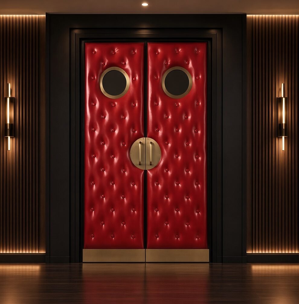 Luxury red leather diamond-tufted double doors for a home theater featuring brass porthole vision glass, custom round brass handles, and kick plates by Crown Custom Doors.