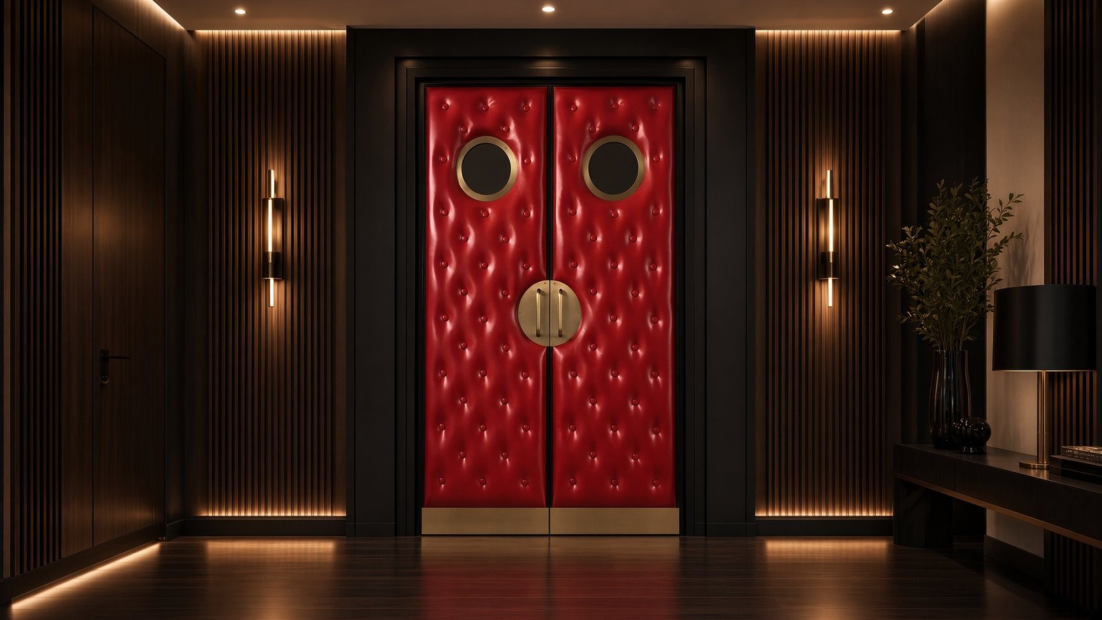 Luxury red leather diamond-tufted double doors for a home theater featuring brass porthole vision glass, custom round brass handles, and kick plates by Crown Custom Doors.