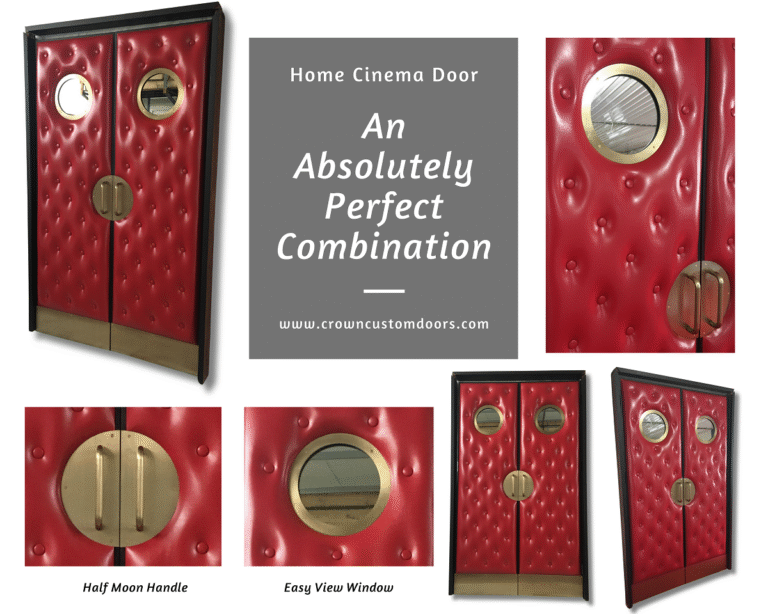 Product display poster showing multiple views of custom red button-tufted acoustic home cinema double doors with brass portholes, brass pull handles, and kick plates by Crown Custom Doors.