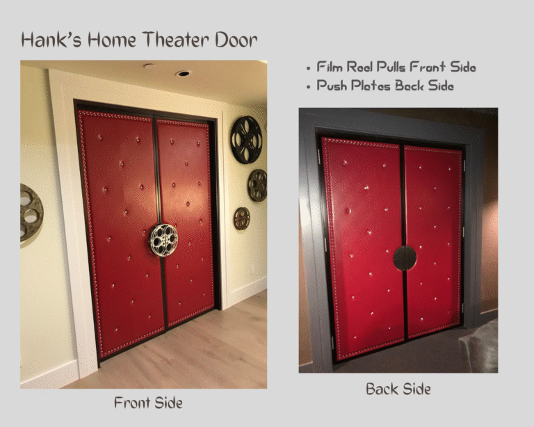 Side-by-side view showing the exterior and interior of custom red upholstered home theater double doors, featuring silver film reel pulls on the front and circular push plates on the back.