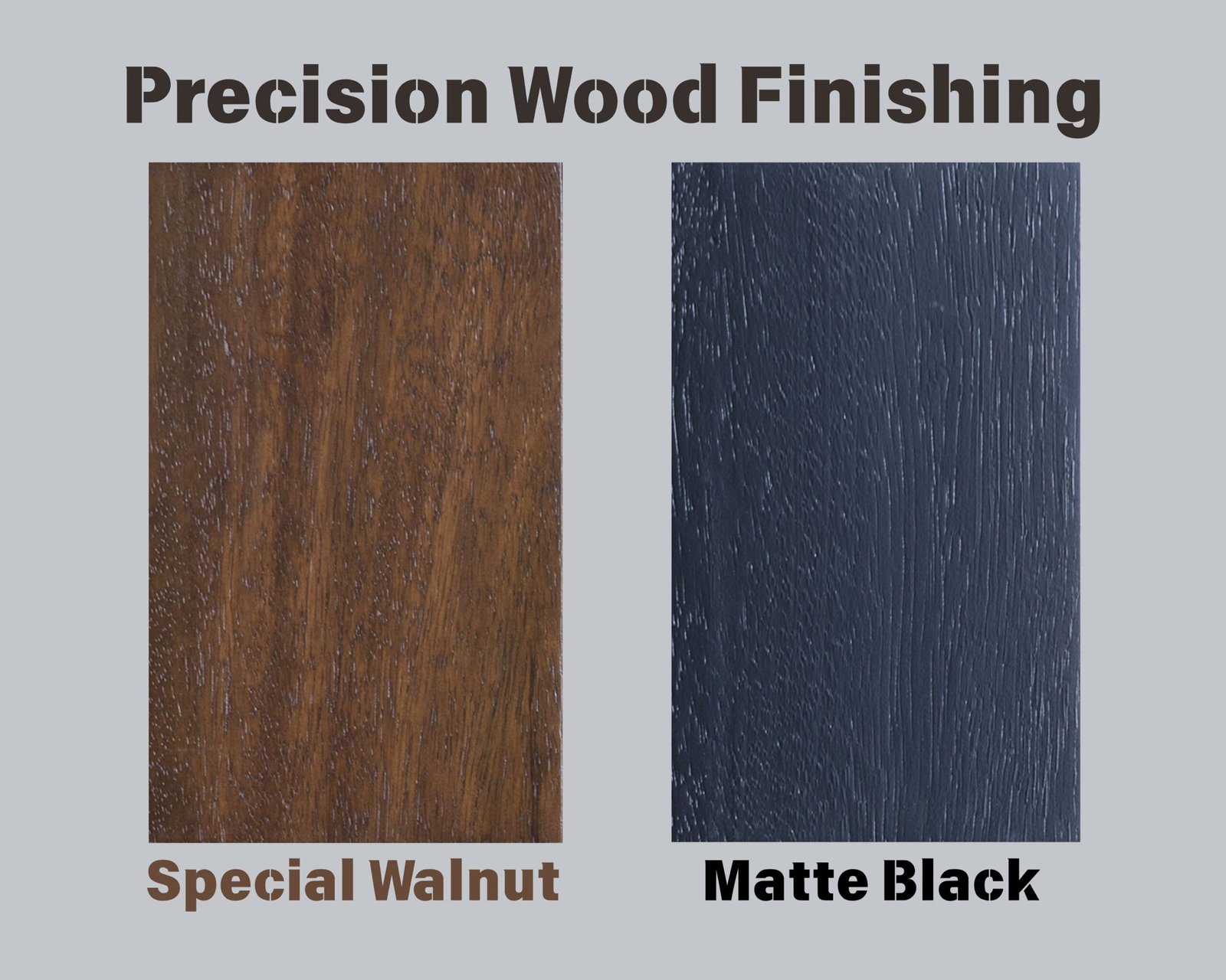 Precision wood stain finish samples for custom solid wood doors showing Special Walnut natural wood grain and Matte Black stained finishes.