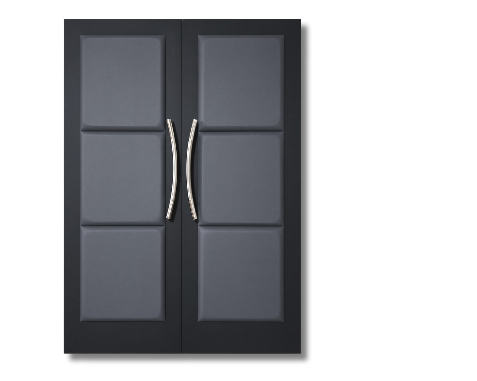 Custom storm gray padded upholstered acoustic double doors with six rectangular panels and brushed metal curved pulls for a custom home cinema by Crown Custom Doors.