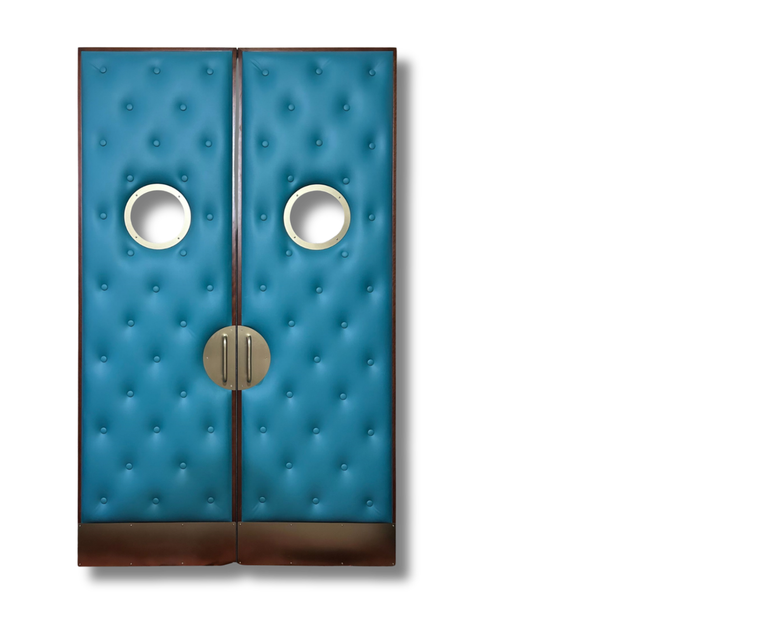 Front view of vibrant teal tufted leather double doors for a home theater featuring circular metallic porthole windows, brass push-pull handles, and matching brass kickplates.