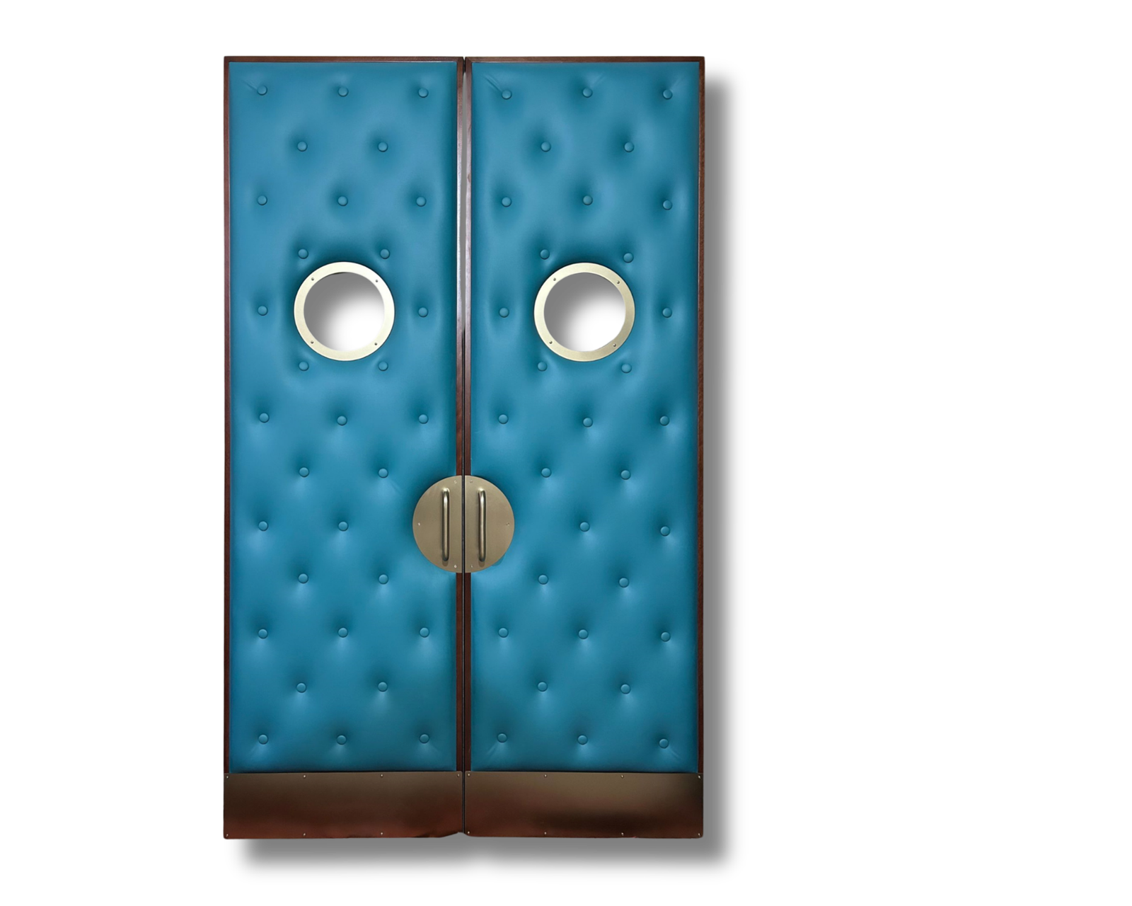 Front view of vibrant teal tufted leather double doors for a home theater featuring circular metallic porthole windows, brass push-pull handles, and matching brass kickplates.