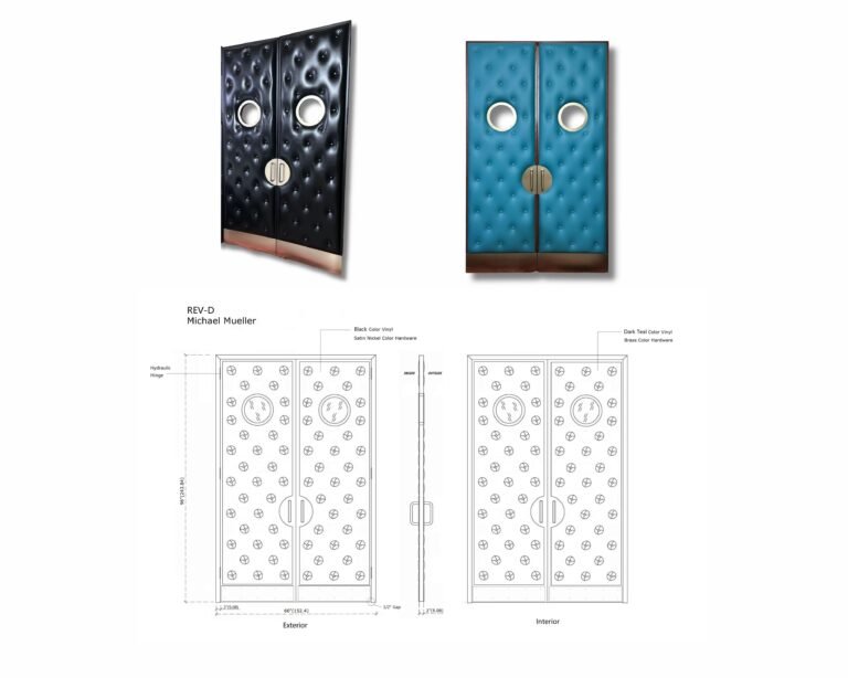 Architectural CAD drawing and 3D renderings of custom upholstered soundproof home theater double doors featuring black and dark teal vinyl tufting, circular porthole windows, and dual-finish hardware.
