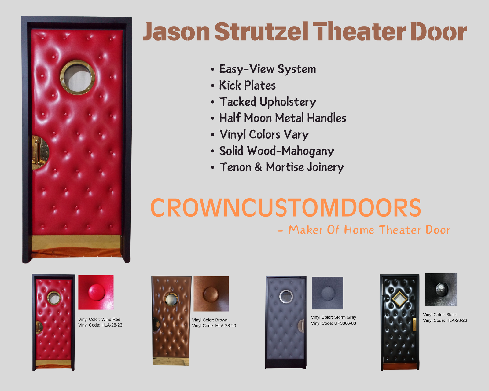 Product specification graphic for a custom solid mahogany upholstered home theater door featuring an Easy-View porthole window, kick plate, half-moon metal handle, and custom vinyl color swatches in Wine Red, Brown, Storm Gray, and Black.