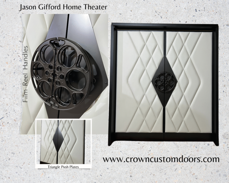 Product showcase graphic featuring custom off-white diamond-tufted acoustic home theater double doors alongside close-up details of matte black film reel pull handles and diamond-shaped push plates.