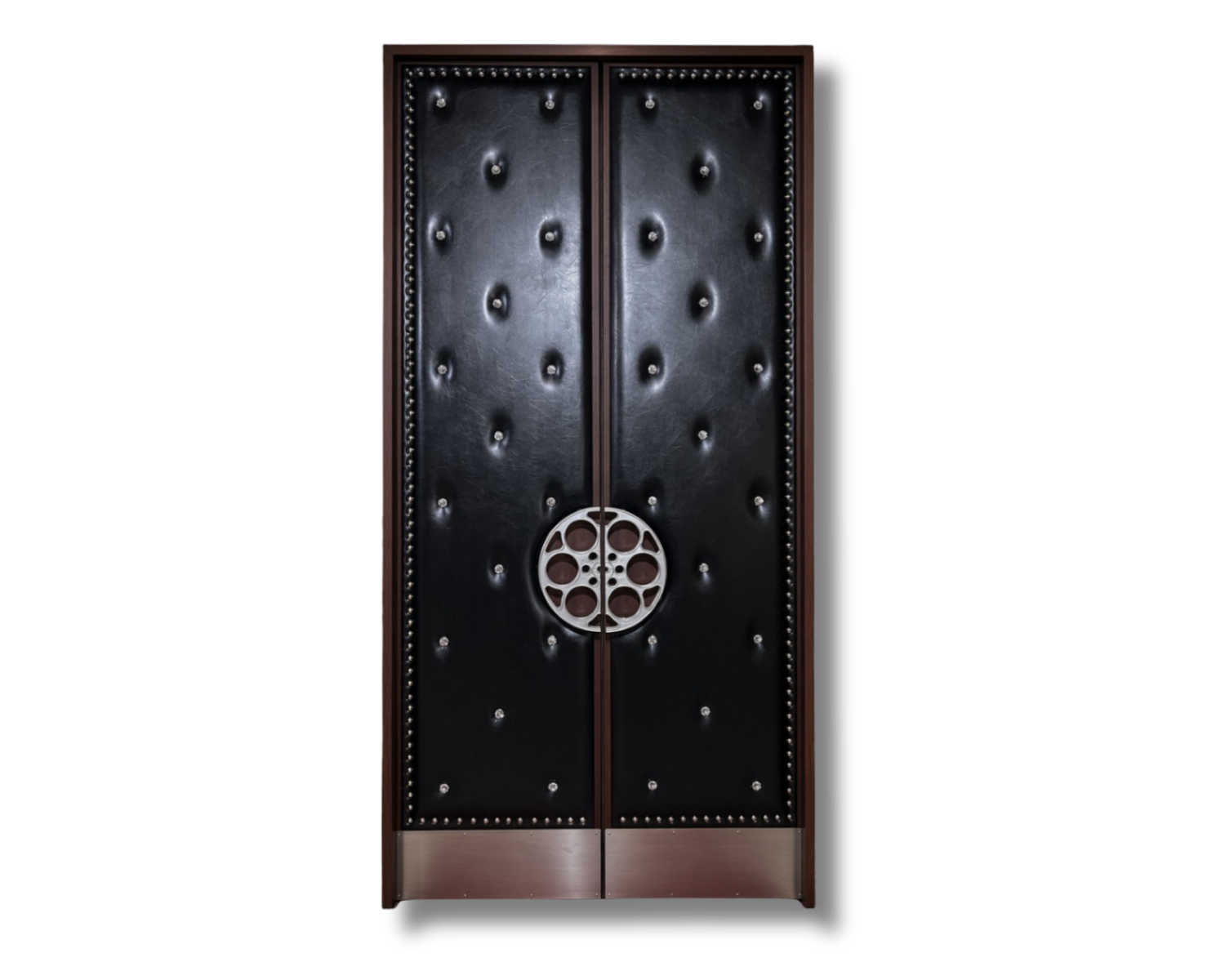 Custom upholstered double home theater doors with black button-tufted leather vinyl, silver nailhead trim perimeter, circular film reel handles, dark bronze wood frame, and protective kick plates.