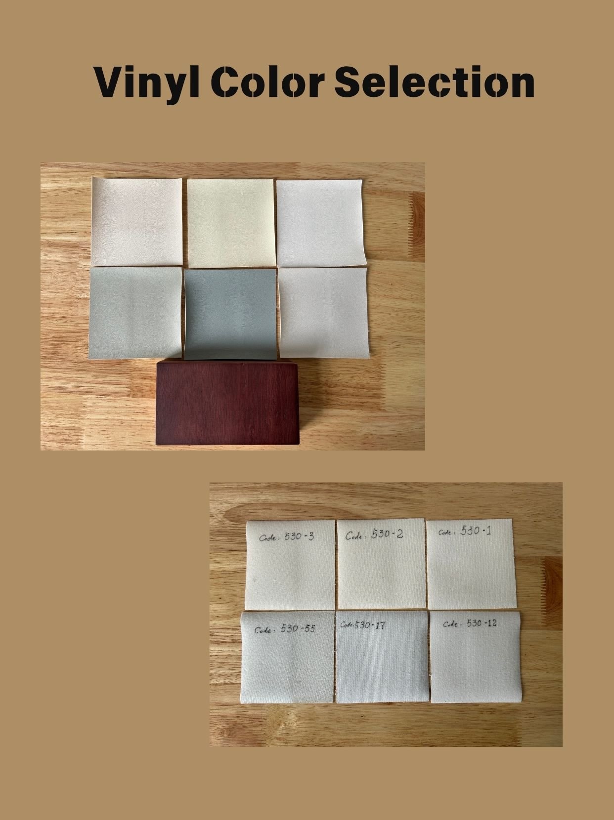 Custom upholstered acoustic home theater door vinyl color swatches displaying light neutral, off-white, beige, gray, and storm gray finish options with corresponding color code numbers against a wood grain background.