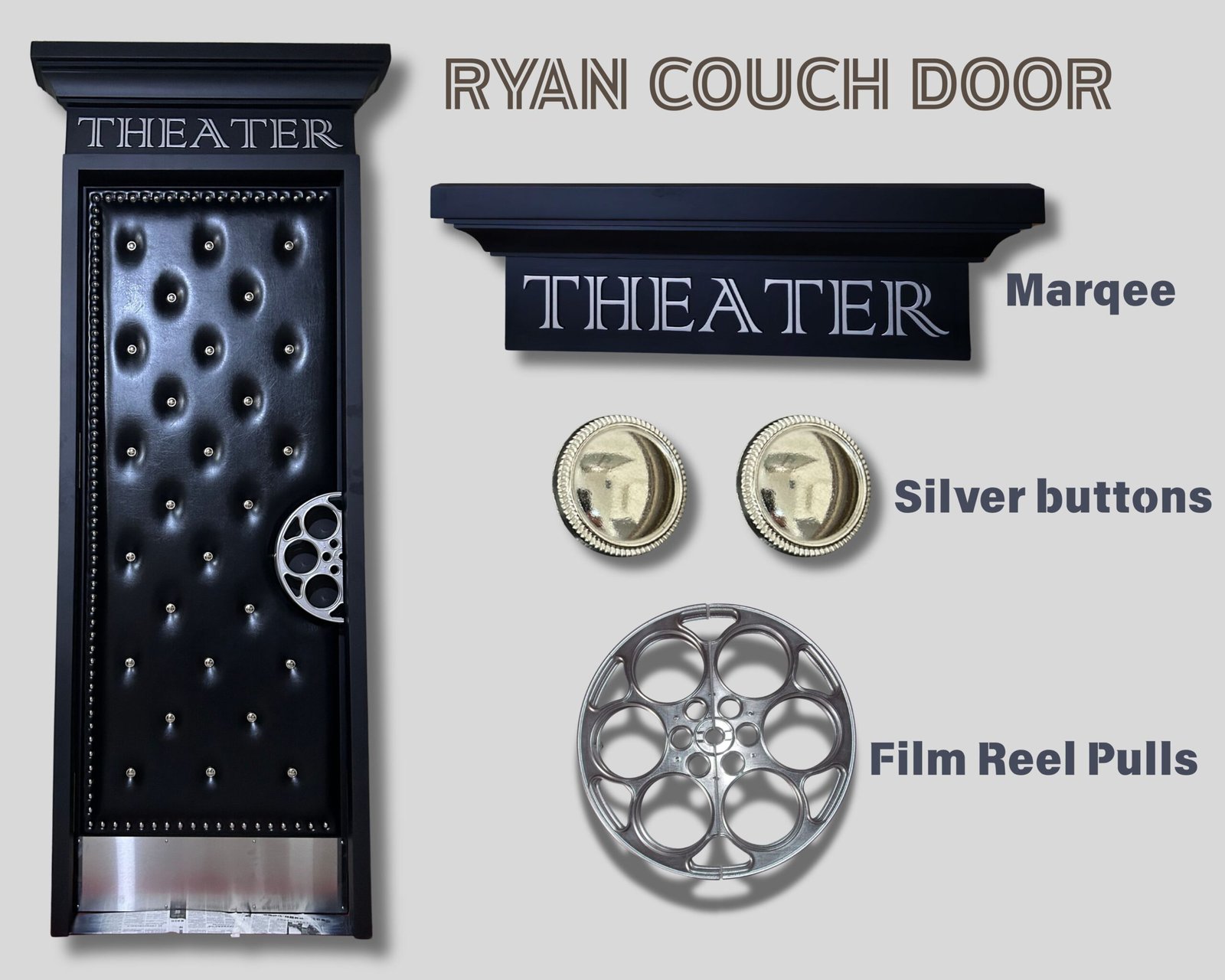 Custom acoustic home theater door featuring diamond-tufted black leather upholstery, silver tufting buttons, an engraved THEATER marquee header, and a metallic film reel door pull handle by Crown Custom Doors.